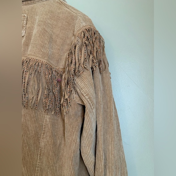 POL tan Rough Fringe Corduroy Jacket studded coat distressed boho coastal - Picture 10 of 11